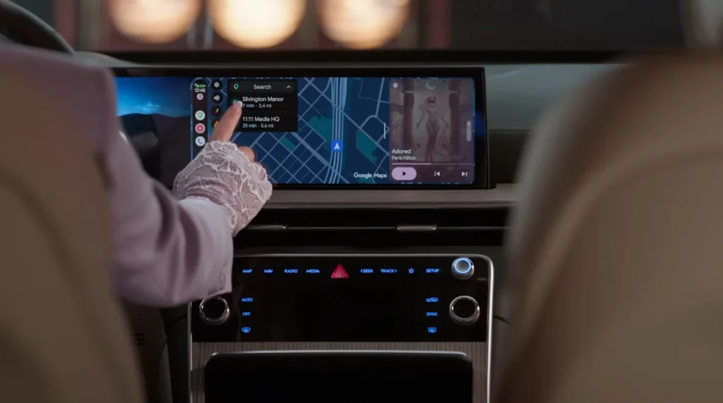 Paris Hilton previews Android Auto with Gemini AI, HD video, Google Maps upgrades and customizable features inside a Genesis GV80